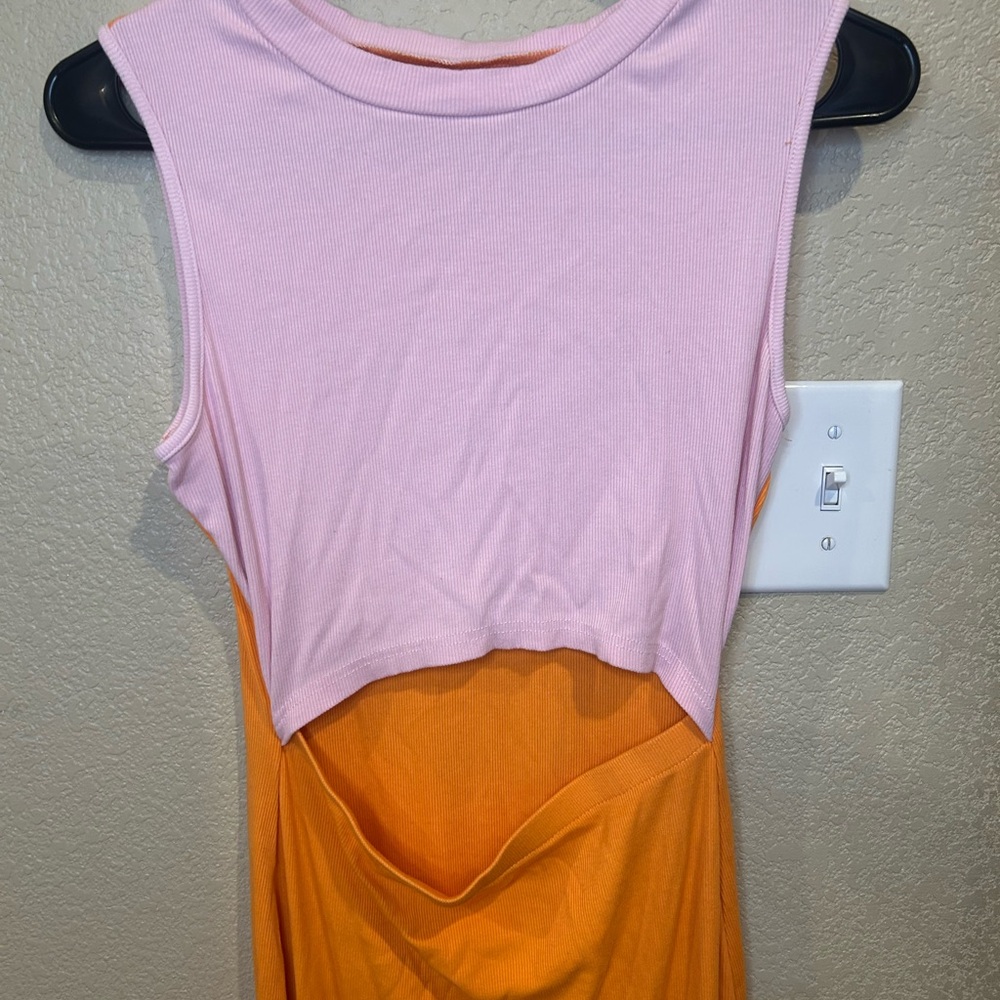 Orange and Pink Midi Cutout Dress Size L Vacation Colorblock Beach - Picture 3 of 8